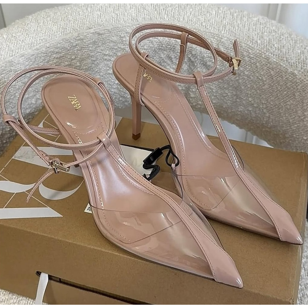 Zara NWT Beige Clear Vinyl Slingback Pointed Toe Heels 7.5 8 - Picture 9 of 16